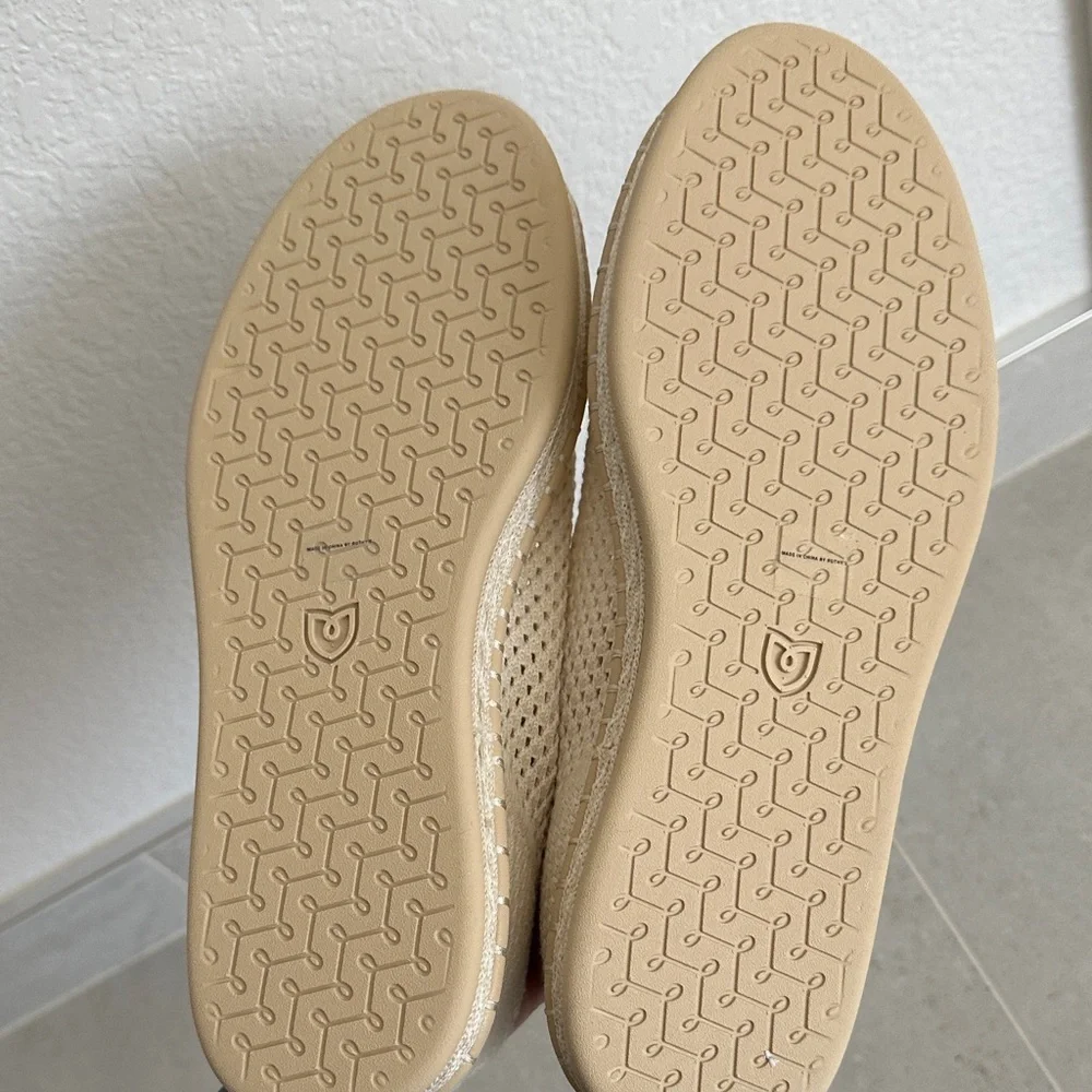 Rothy's Cream Knit Espadrille Mary Jane Flats with Gold Buckles
